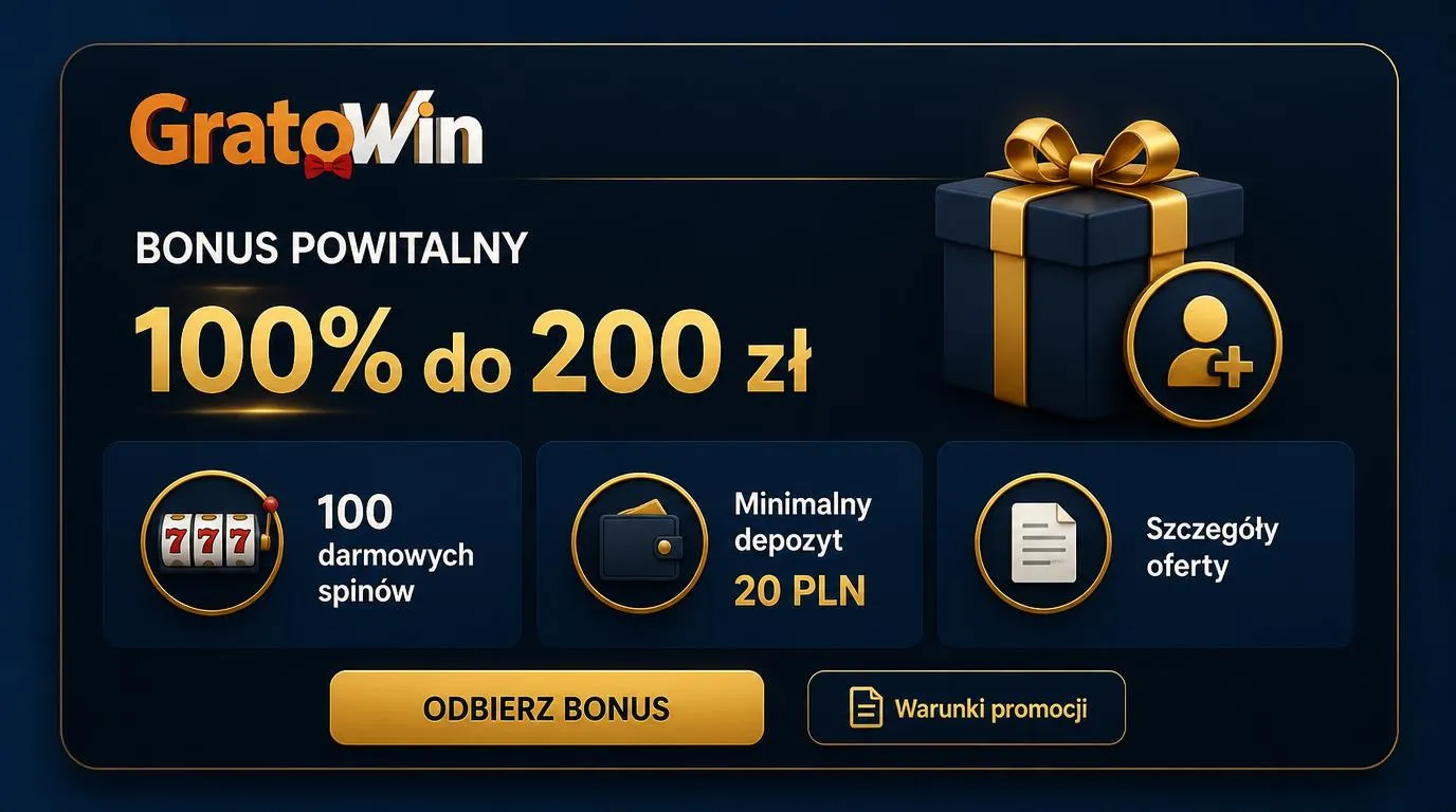 Panel oferty powitalnej z bonusem 100% do 200 zł, 100 darmowymi spinami i minimalnym depozytem 20 PLN